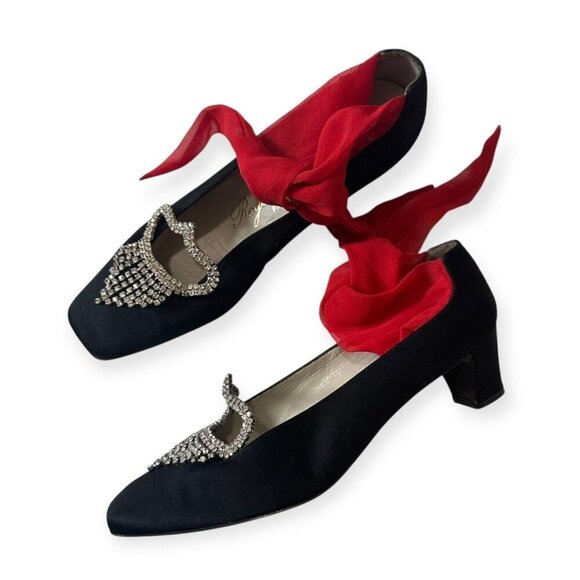 Vintage Roger Vivier Mod Black Satin Evening Shoes with Rhinestone Ornaments - Picture 1 of 15